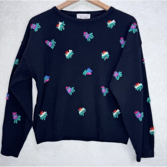 Cambridge Dry Goods Women's Black Floral Embroidered Sweater Size Large - Picture 3 of 10